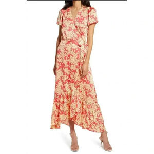 Charles Henry Wo Wrap Maxi Dress - Coral Yellow Blossoms Size L